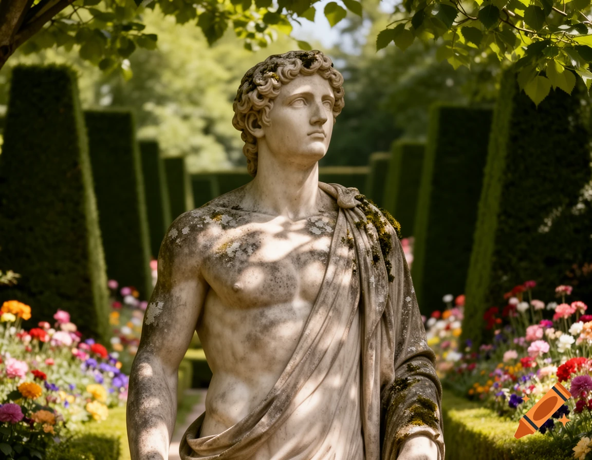 A classical marble statue of a man with a draped cloth stands in a lush formal garden with colorful flowers and manicured hedges.