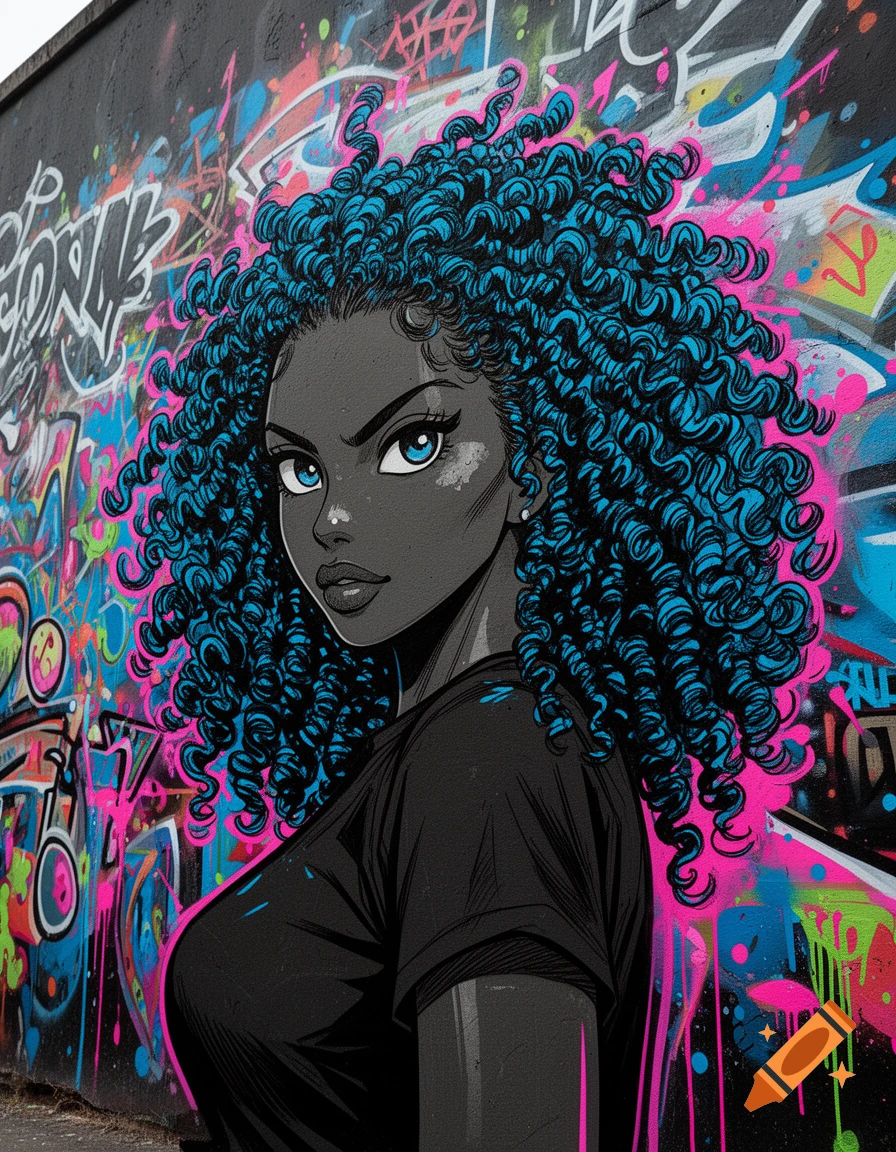 Manga-style portrait of a black woman with blue curly hair against a vibrant, multi-colored graffiti wall.