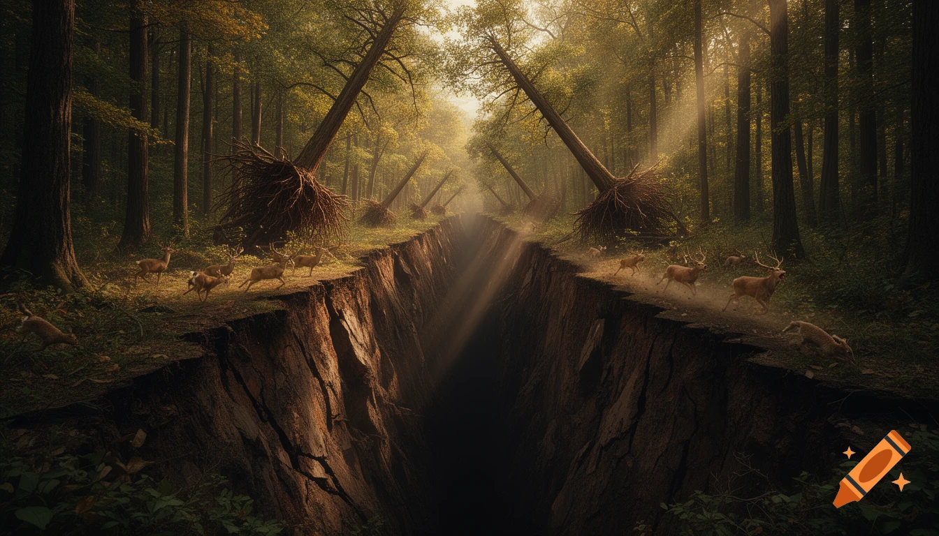 Photorealistic image of a deep fissure cutting through a sunlit forest with fallen trees and running deer.