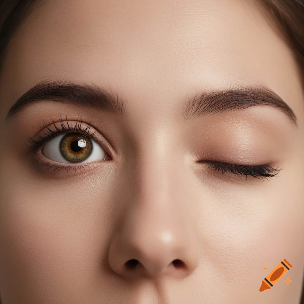 Close-up photorealistic shot of a person's face with one eye open revealing a brown iris and the other winking closed.