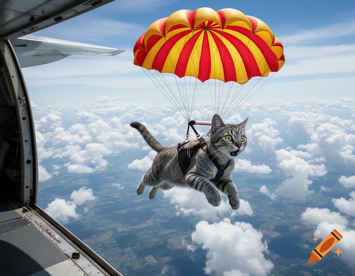 A photorealistic gray tabby cat with wide green eyes parachutes out of an airplane above the clouds, wearing a harness and a red and yellow striped parachute.