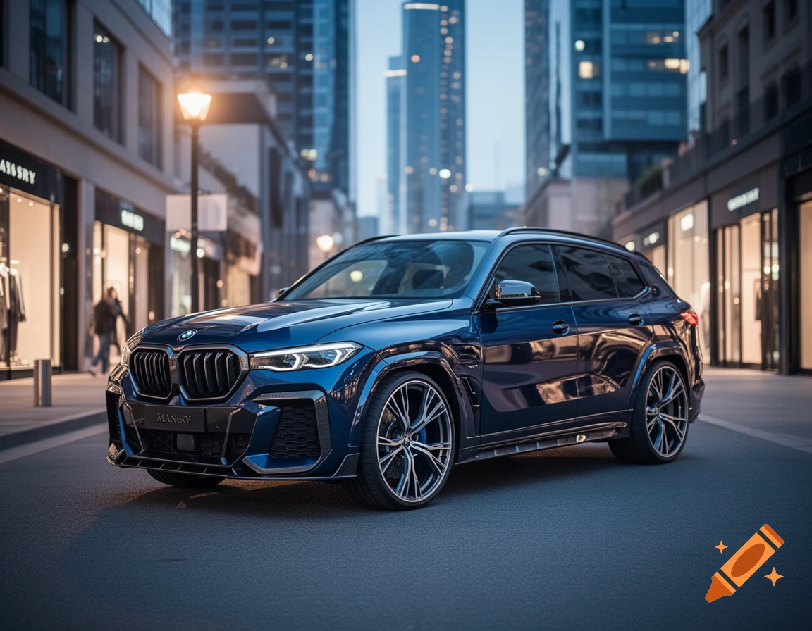 A dark blue BMW XM SUV with a Mansory bodykit parked on a city street in front of shops.