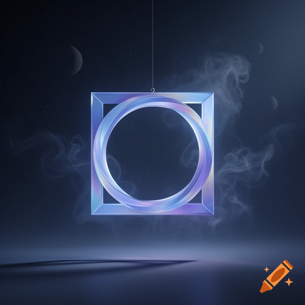 An iridescent square frame with a glowing circle inside floats in a smoky cosmic void with distant moons.