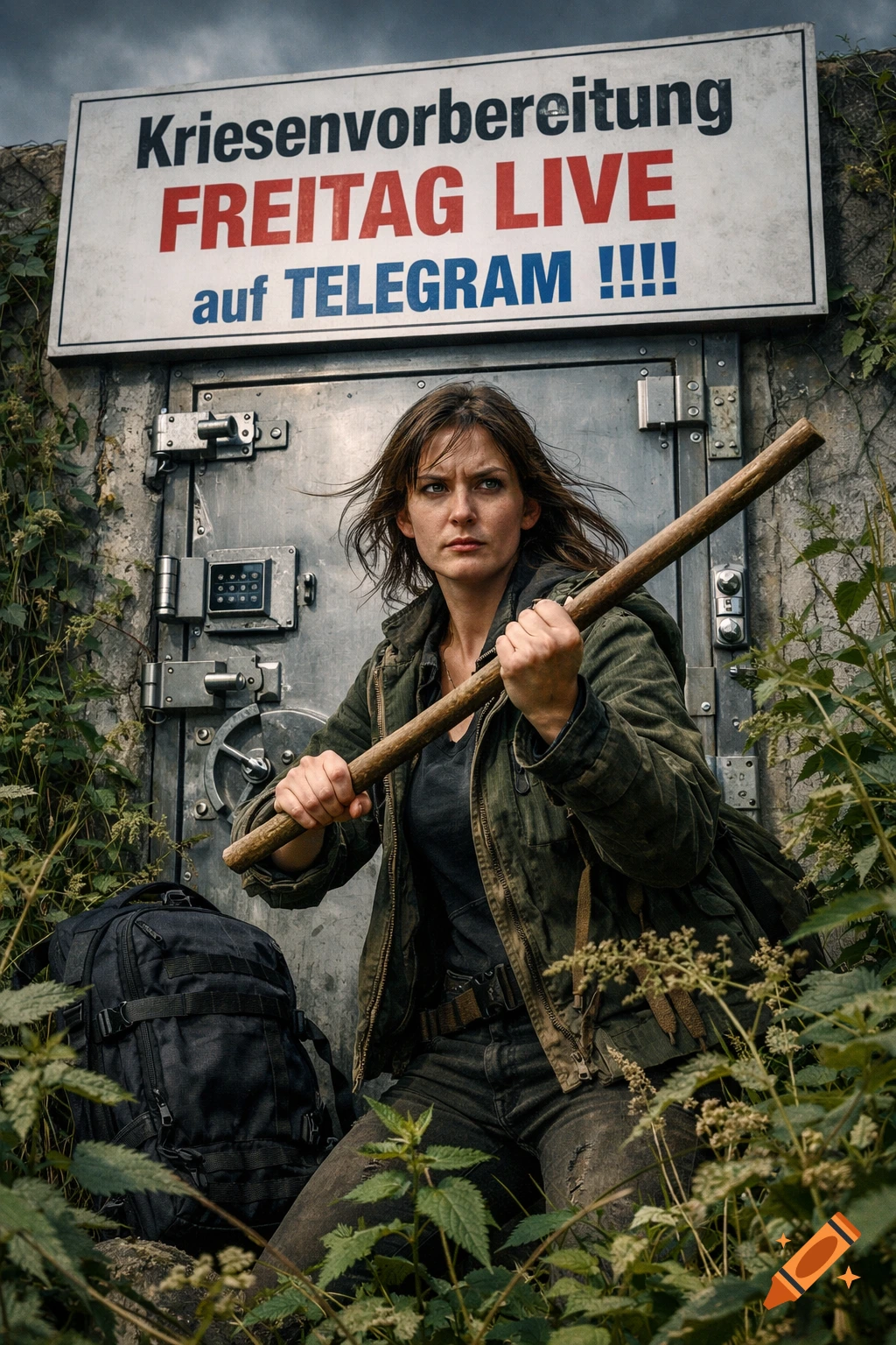 A woman in a defensive crouch holds a wooden stick in front of a heavily fortified metal door, surrounded by wild plants. A sign above reads "Kriesenvorbereitung FREITAG LIVE auf TELEGRAM".