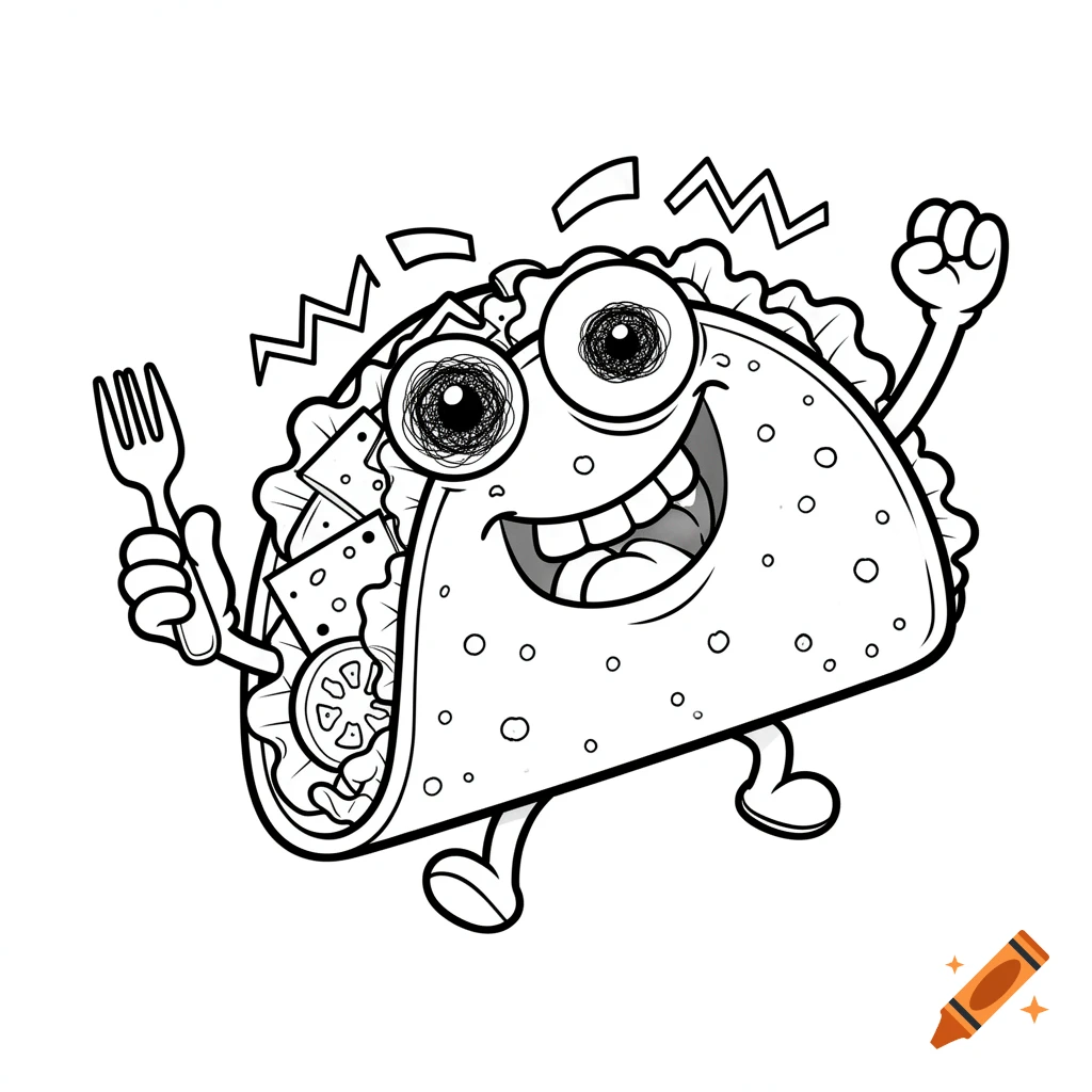 Black-and-white line art cartoon of a deranged, happy taco character holding a fork and raising an arm in a triumphant pose.
