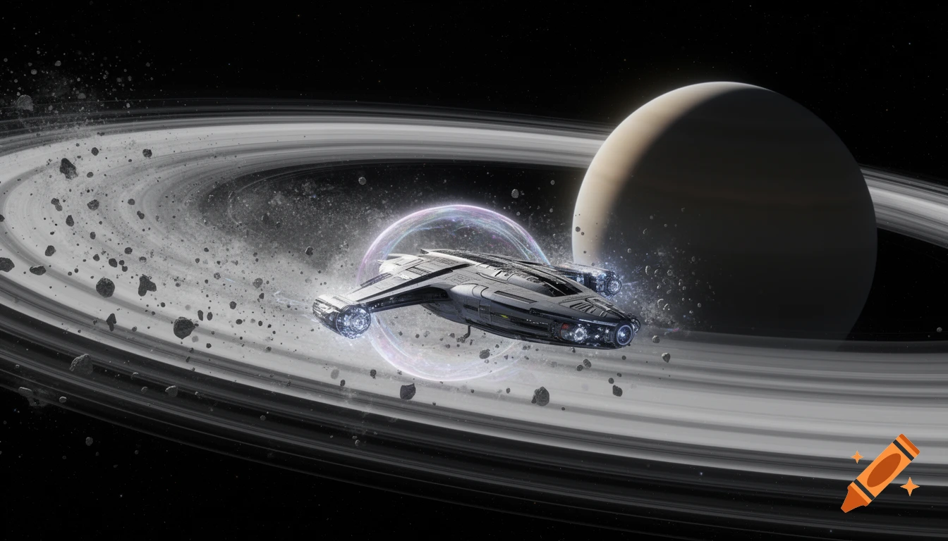 A futuristic spacecraft with glowing shields navigates through a storm of ice and rock particles in a planet's rings, set against a dark starry sky.