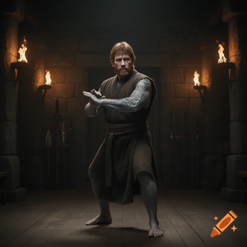 Photorealistic image of a man resembling Chuck Norris with tattoos in a martial arts stance in a dimly lit stone room with torches.