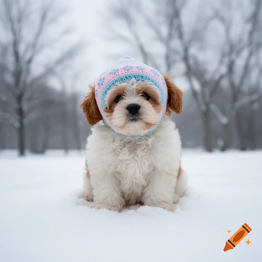 A fluffy puppy wearing a pink and blue knitted hat sits in the snow with blurred trees in the background.