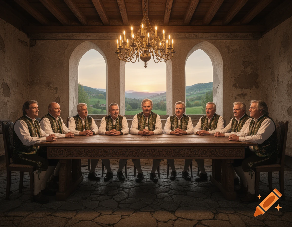 Eight men in traditional attire sit at a long wooden table in a stone hall with arched windows overlooking a mountain sunset.
