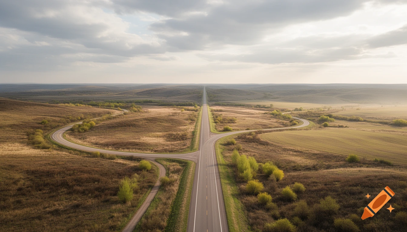 A straight road divides into multiple paths through rolling fields under a cloudy sky.