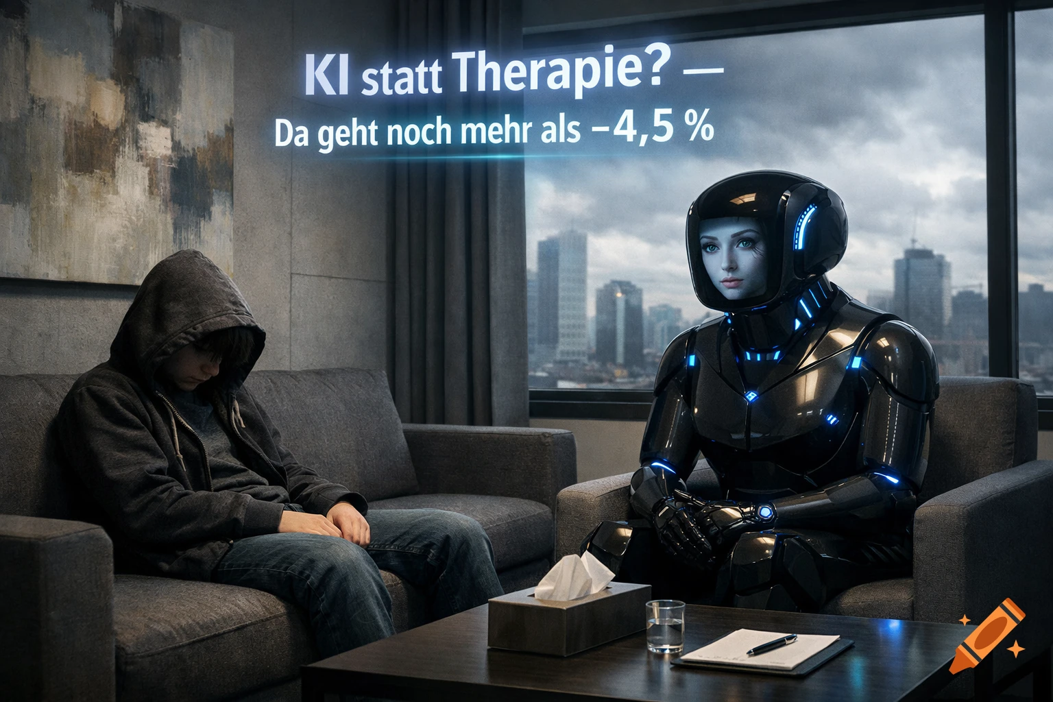 A depressed teenager in a hoodie sits across from an AI robot therapist in a modern office, with a cityscape outside the window. Overlay text reads "KI statt Therapie? – Da geht noch mehr als -4,5 %"