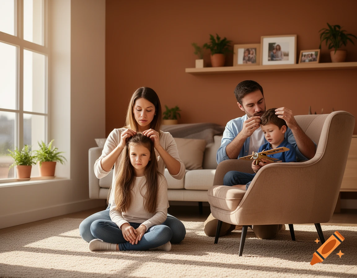 A mother checks her daughter's hair while a father checks his son's hair in a cozy room, photorealistic.