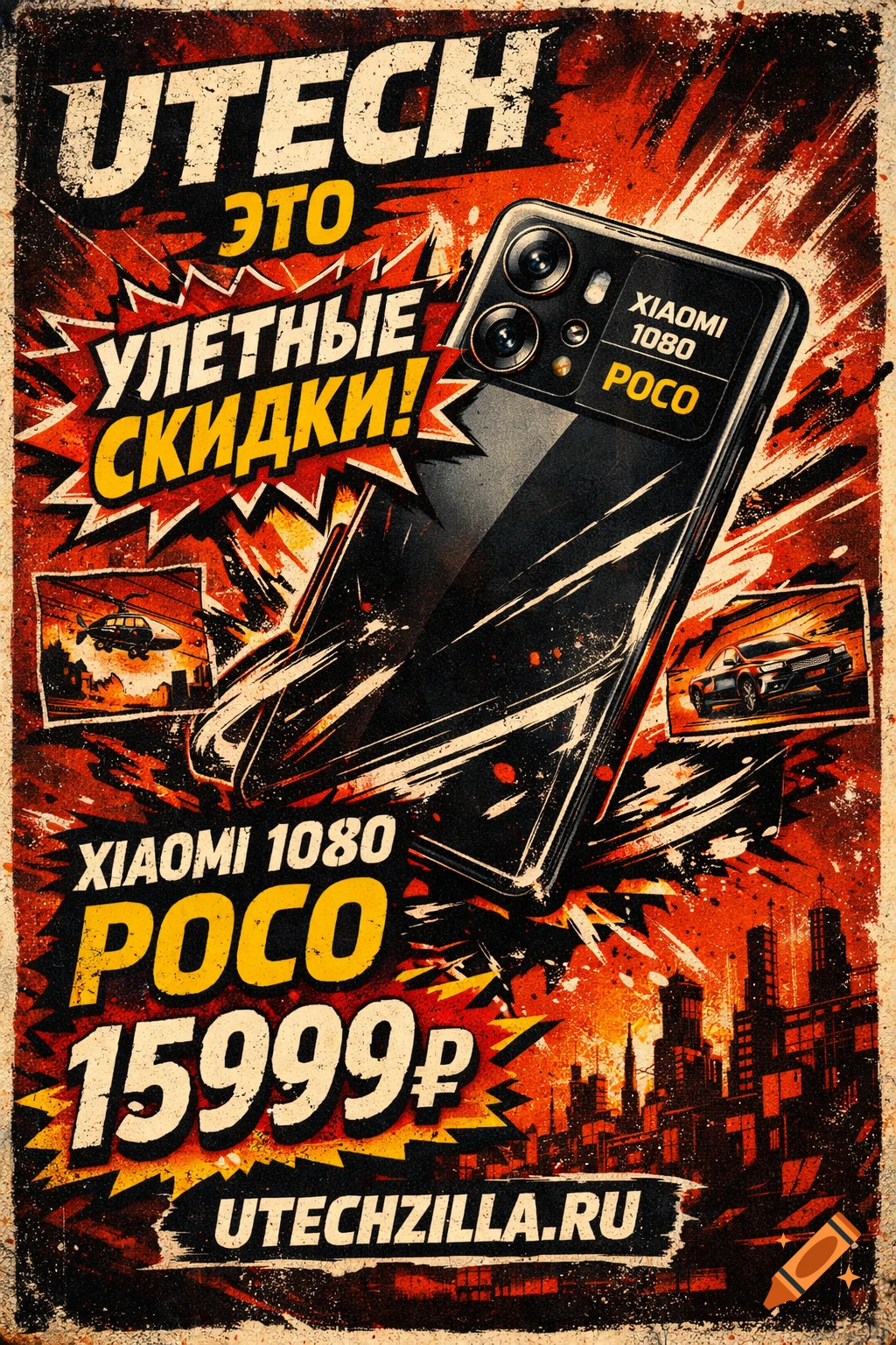 Grunge retro comic poster for a Xiaomi Poco smartphone, featuring a tilted phone, Russian text, and city silhouettes.