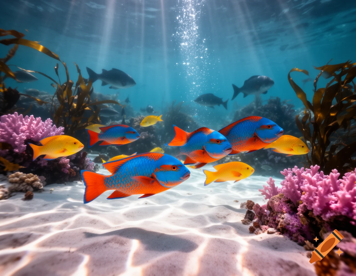 Colorful fish swim among vibrant coral reefs in a sunlit underwater scene.
