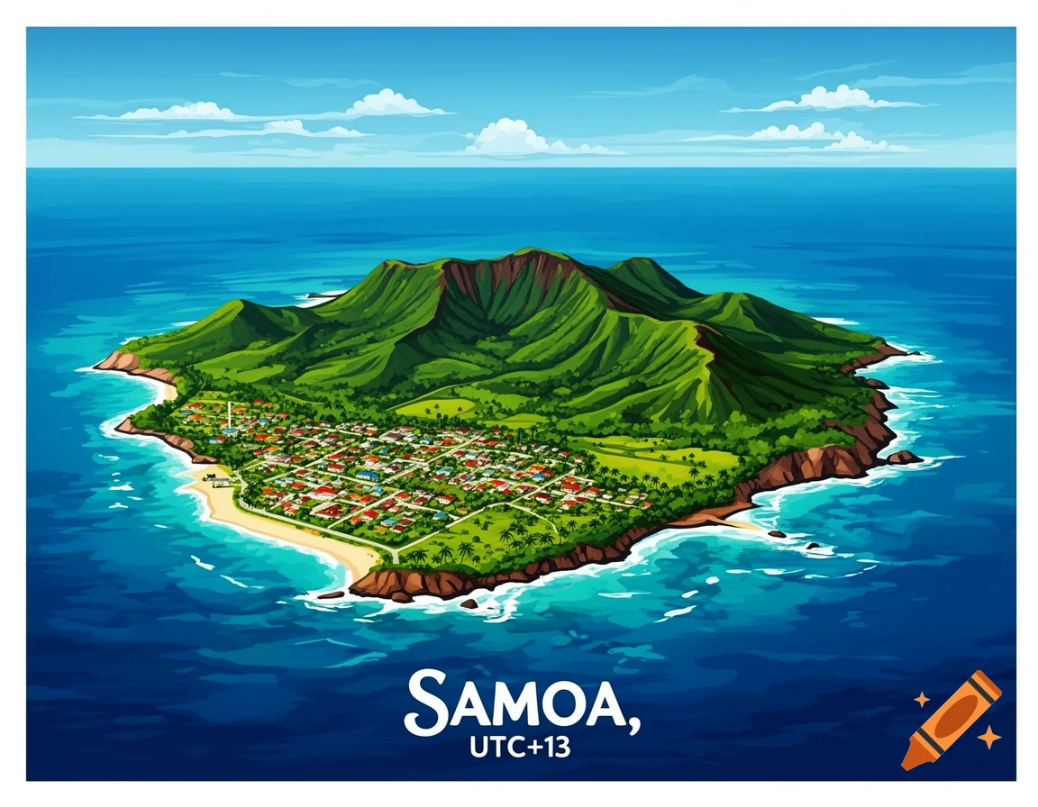 A colorful illustration of Samoa island from an aerial view, featuring green mountains, a coastal town, and vibrant blue ocean.