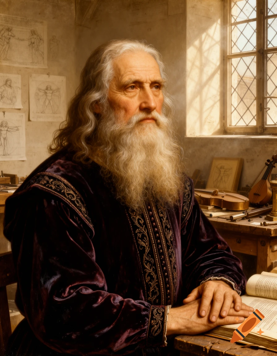 An old man with a long white beard and purple robe sits at a desk with an open book and drawings in a studio.