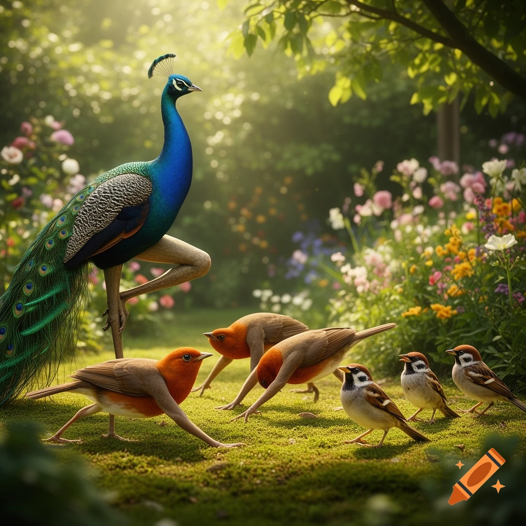 A peacock with human-like legs and smaller birds with human limbs strike yoga poses in a sunny, flower-filled garden.
