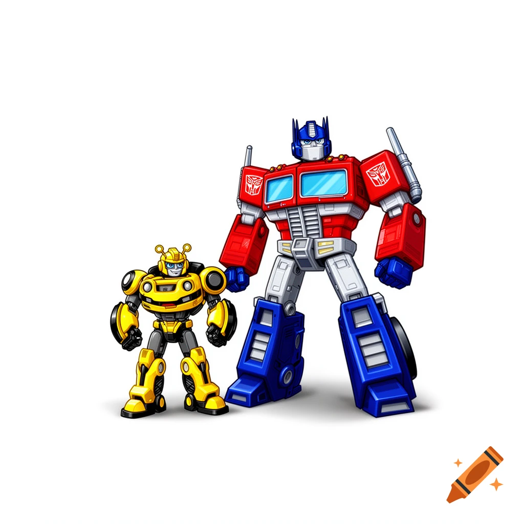 Cartoon Bumblebee and Optimus Prime stand side by side on a white background, with Optimus Prime appearing larger.