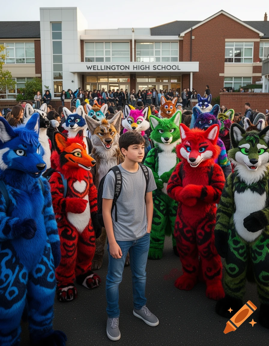 A young boy stands among several people in colorful furry costumes outside Wellington High School in a photorealistic image.