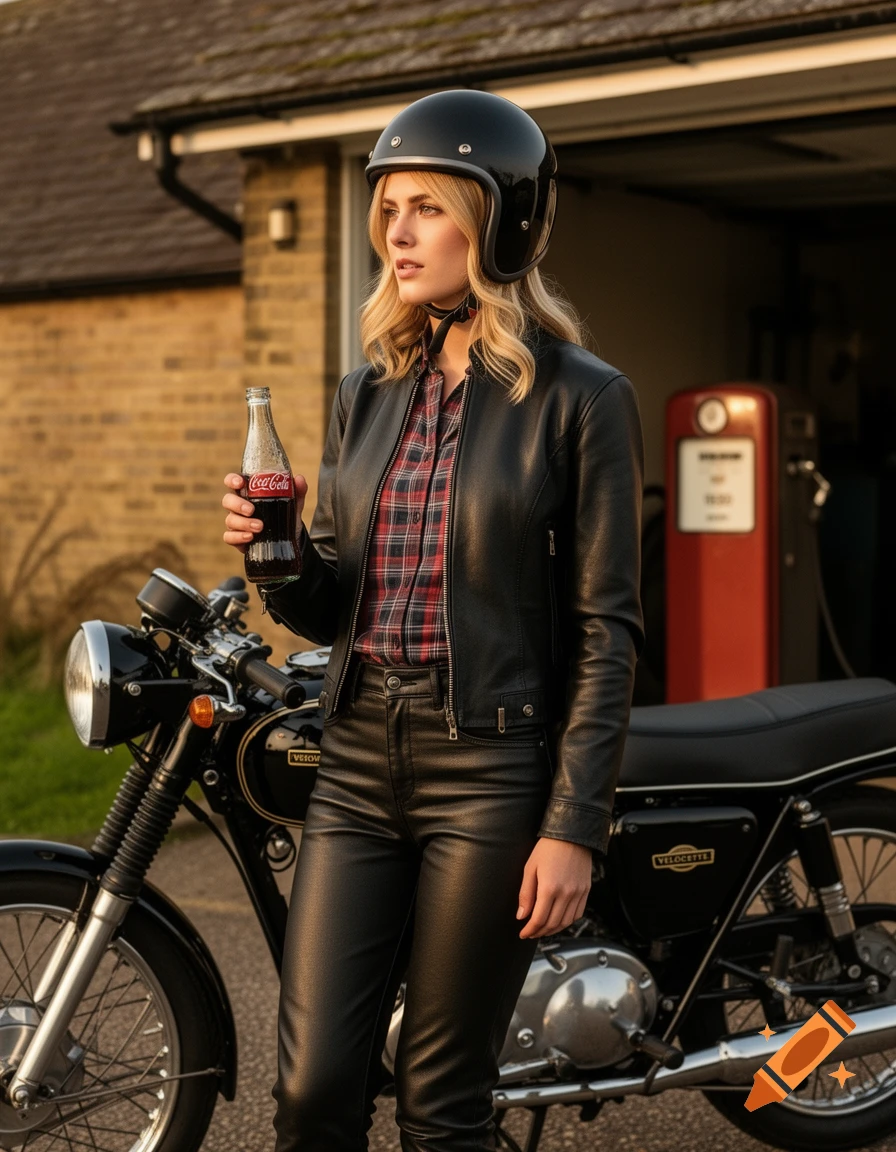 Photorealistic portrait of a blonde woman in a black leather outfit and helmet, holding a Coca-Cola, next to a vintage motorcycle.