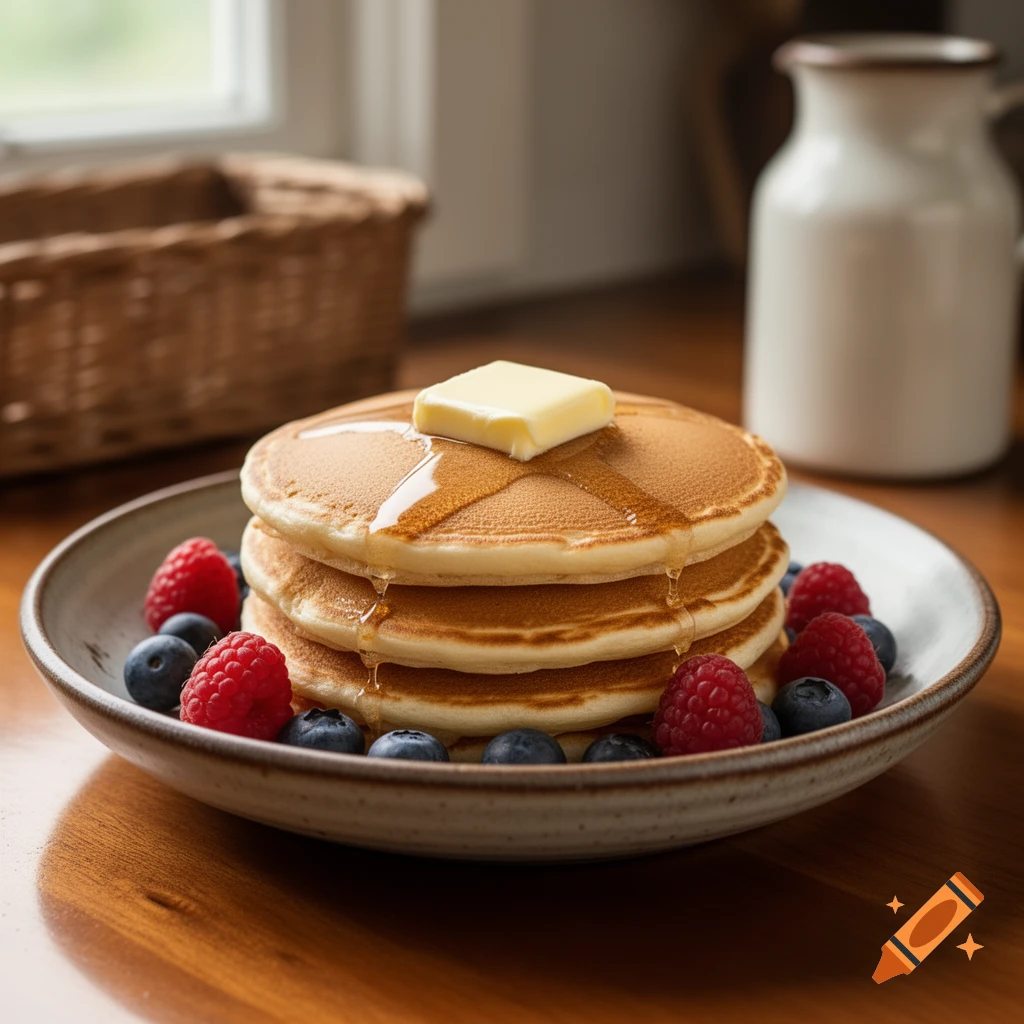 A stack of golden pancakes topped with butter and syrup, surrounded by fresh raspberries and blueberries on a rustic plate, photorealistic.