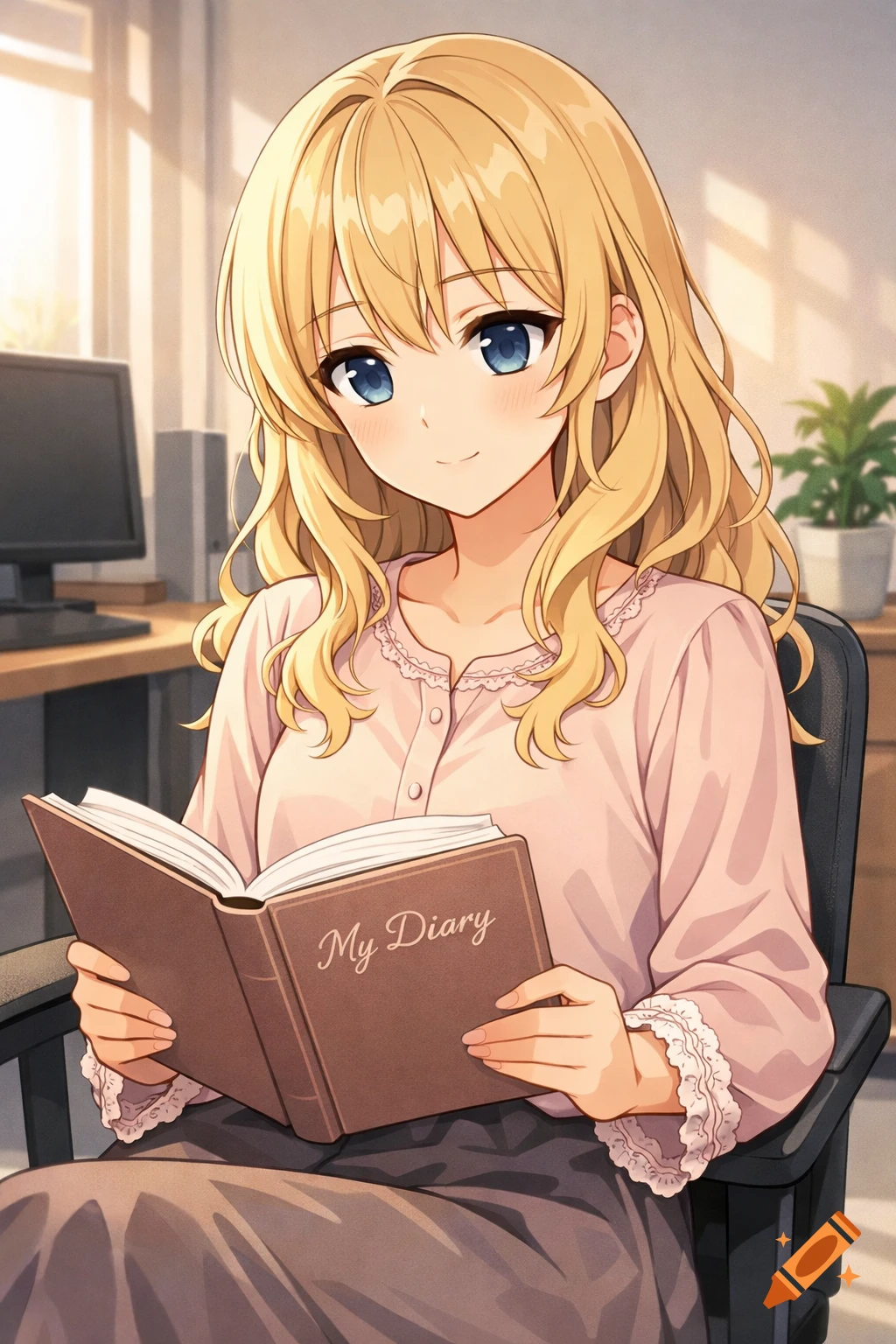 An anime girl with blonde hair and a pink blouse sits in an office, reading a book titled "My Diary".