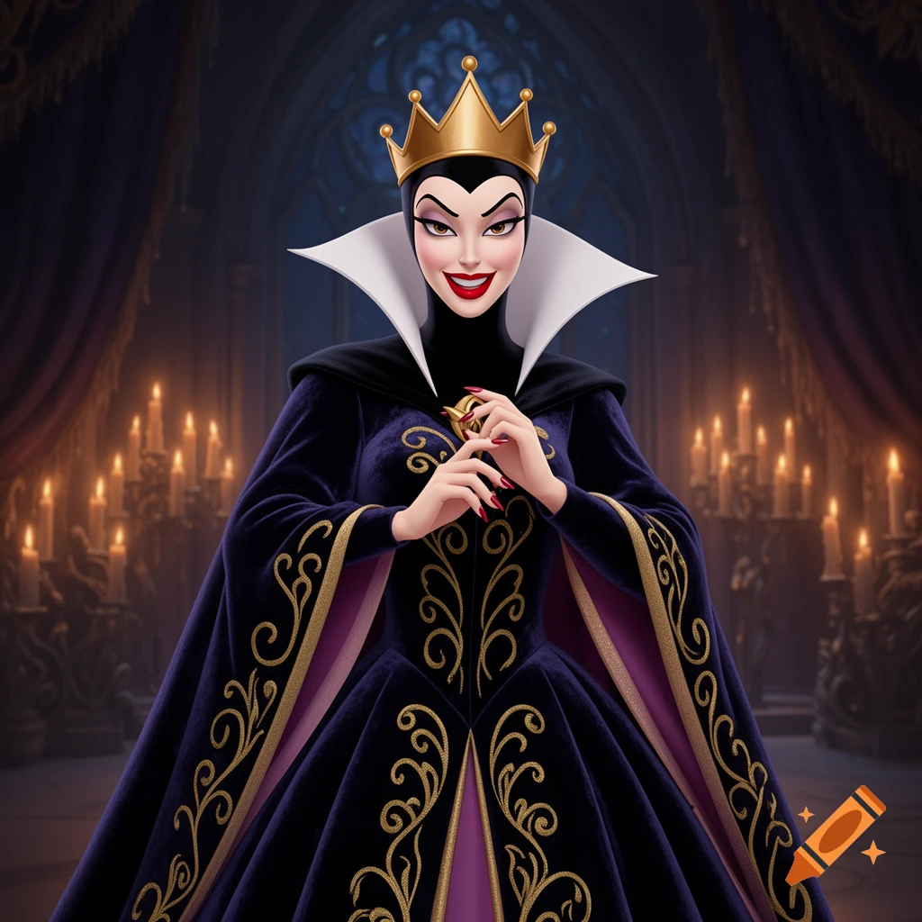 Disney cartoon style Evil Queen smiling maliciously and rubbing her hands in a dark, candlelit hall.