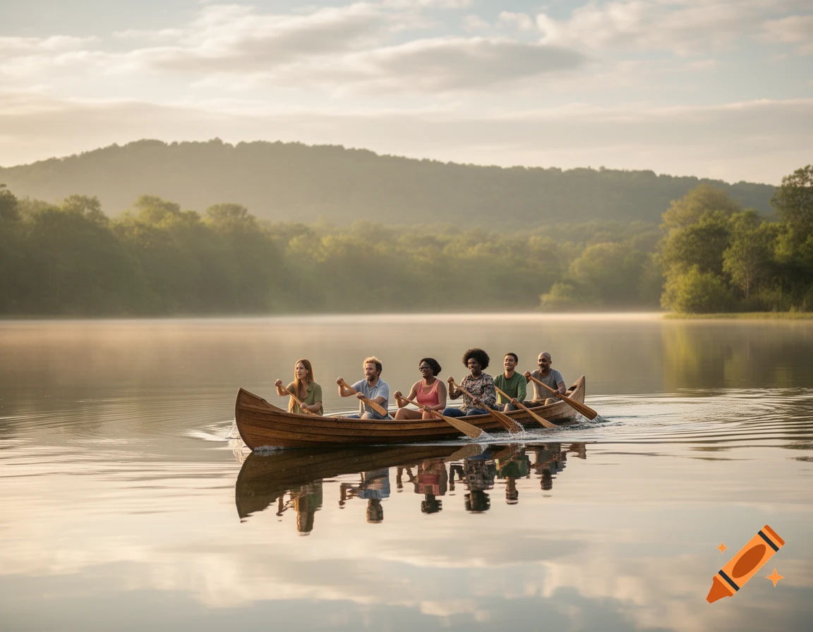 Five people paddle a wooden canoe on a calm, misty lake with forested mountains in the background at sunrise.
