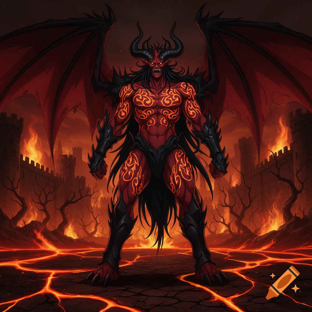 Red-skinned demon with large wings and glowing tattoos stands in a fiery, hellish landscape with burning castles, in an anime style.