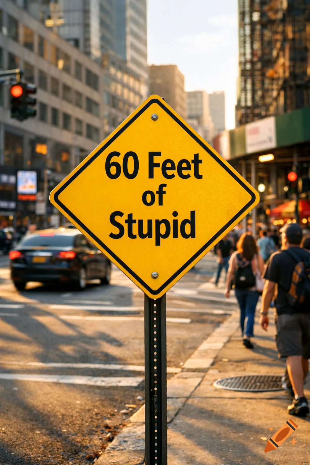 A yellow diamond-shaped traffic sign reading "60 Feet of Stupid" on a busy city street with pedestrians and buildings in the background.