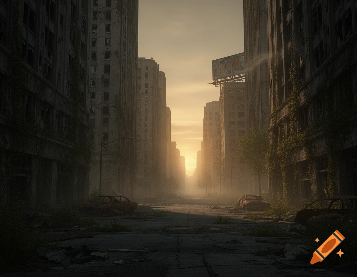 A desolate, abandoned city street at sunrise, with ruined buildings covered in vines and overturned cars, bathed in an orange glow.