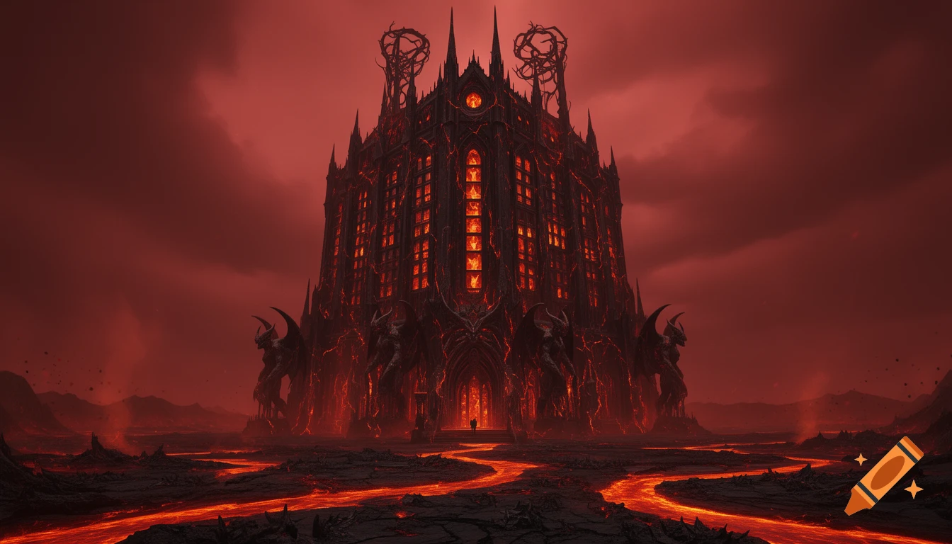 A dark gothic castle with glowing lava veins stands in an infernal landscape with rivers of molten lava under a red, smoky sky.