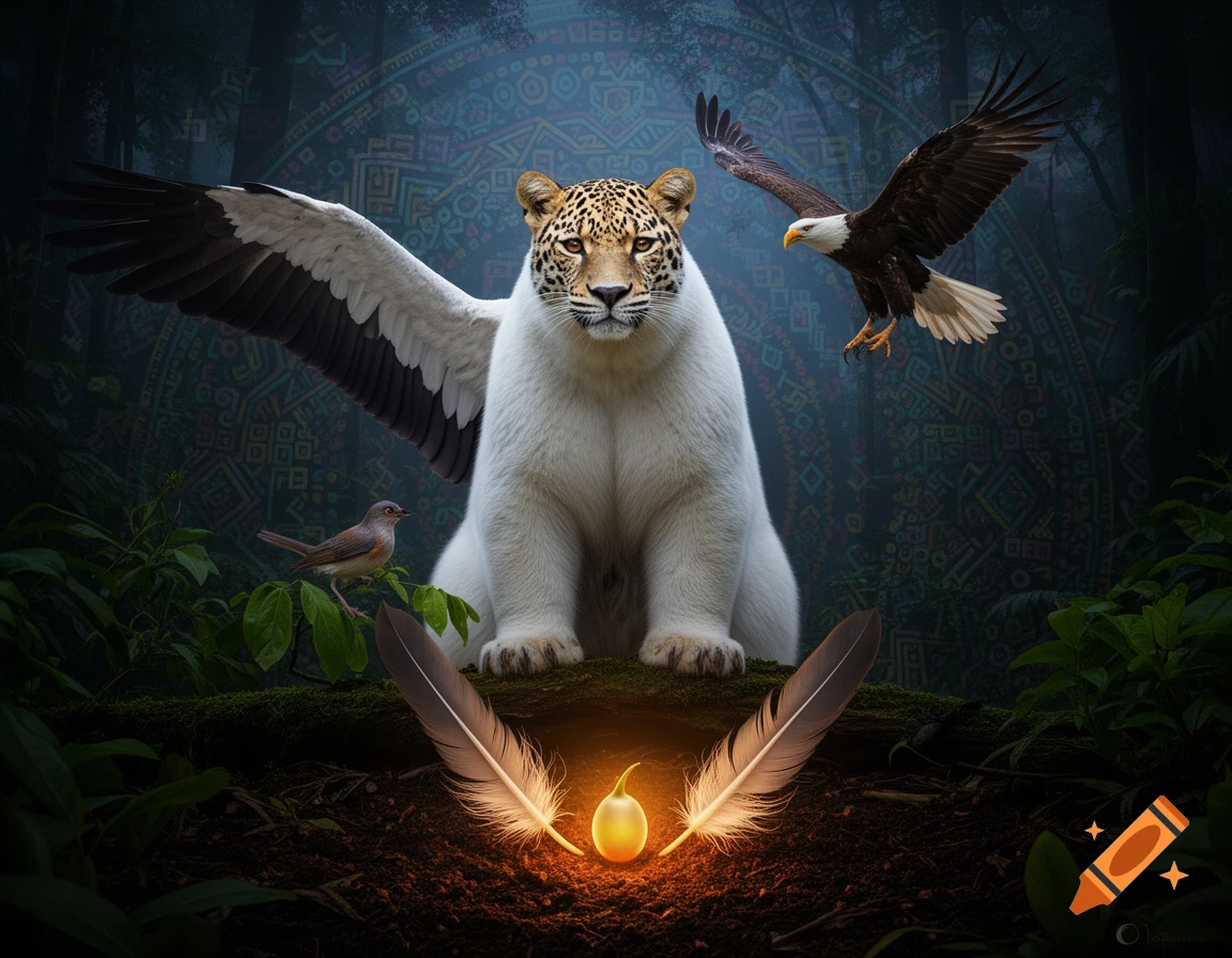 A white, jaguar-like creature with large white wings sits in a dark jungle. An eagle flies above, and a small bird perches nearby. Two feathers glow around a luminous seed on the ground, with intricate Shipibo patterns subtly in the background.
