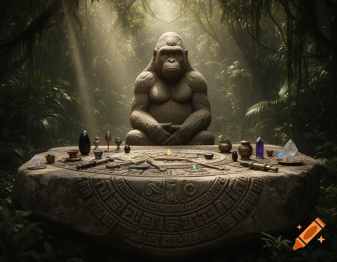 Photorealistic ancient stone gorilla statue meditating on a carved stone table with crystals and tools in a mystical, sunlit jungle.