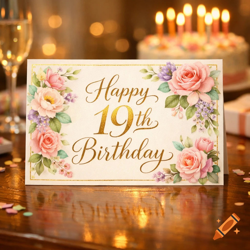 Close-up of a floral 'Happy 19th Birthday' card on a table with a blurred birthday cake and champagne glass in the background.