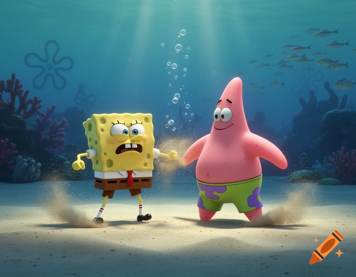 Spongebob Squarepants and Patrick Star underwater, kicking up sand. Spongebob looks distressed, Patrick smiles. Vibrant 3D animation.