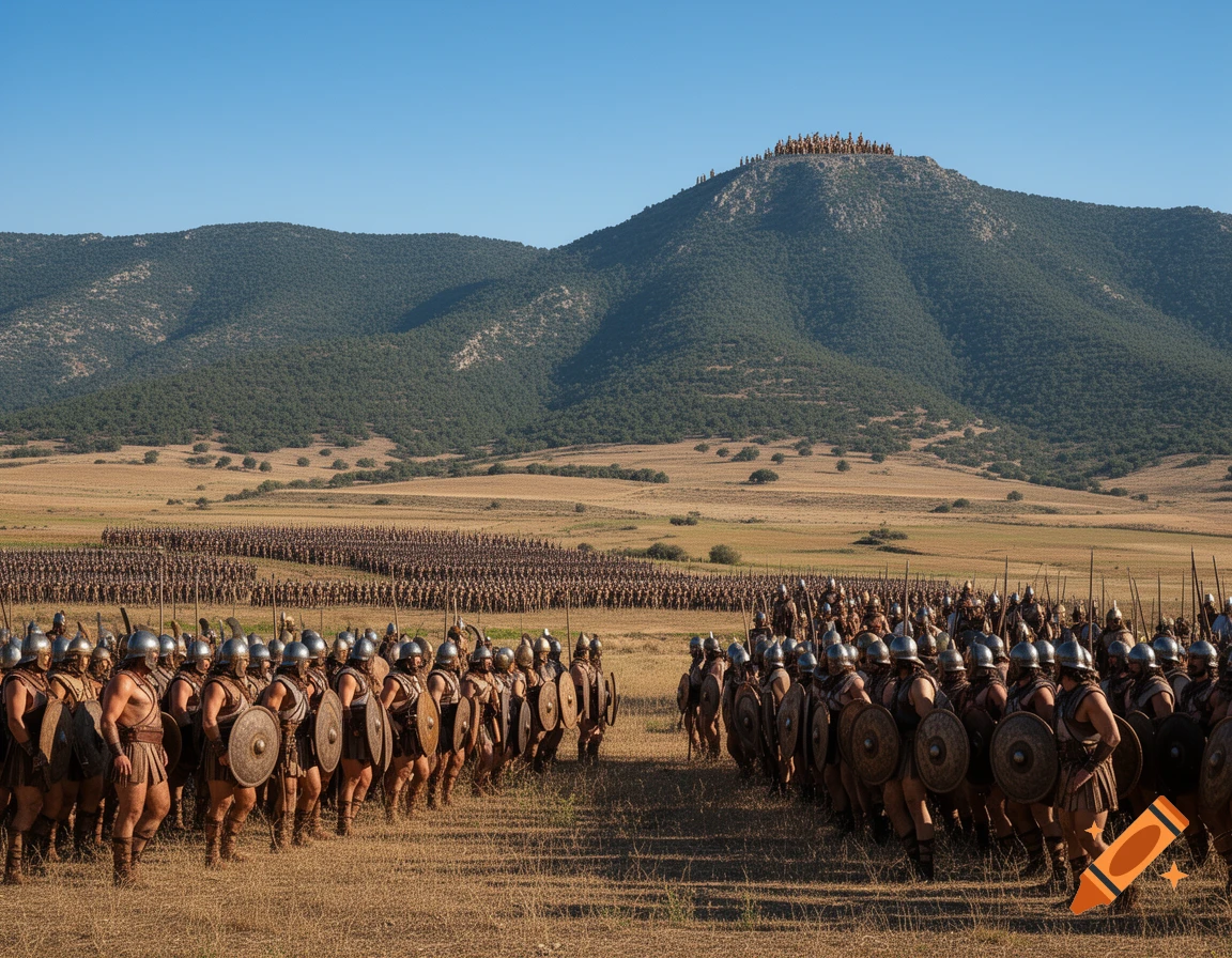 Two vast ancient armies, in bronze and leather armor, face each other across a dry, open plain with rolling, forested mountains under a clear sky.