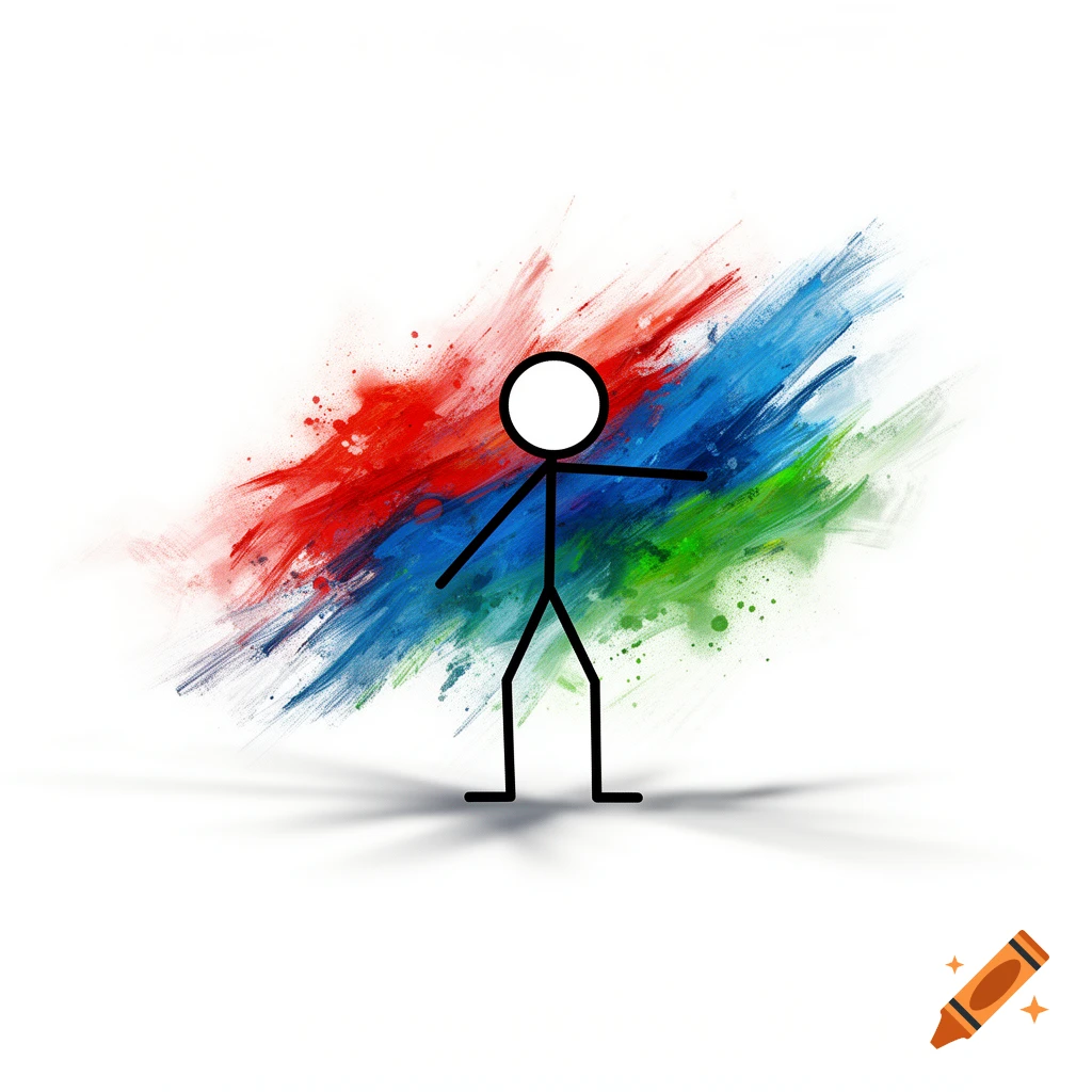A black stick figure stands centered against a diagonal burst of red, blue, and green paint strokes on a white background.