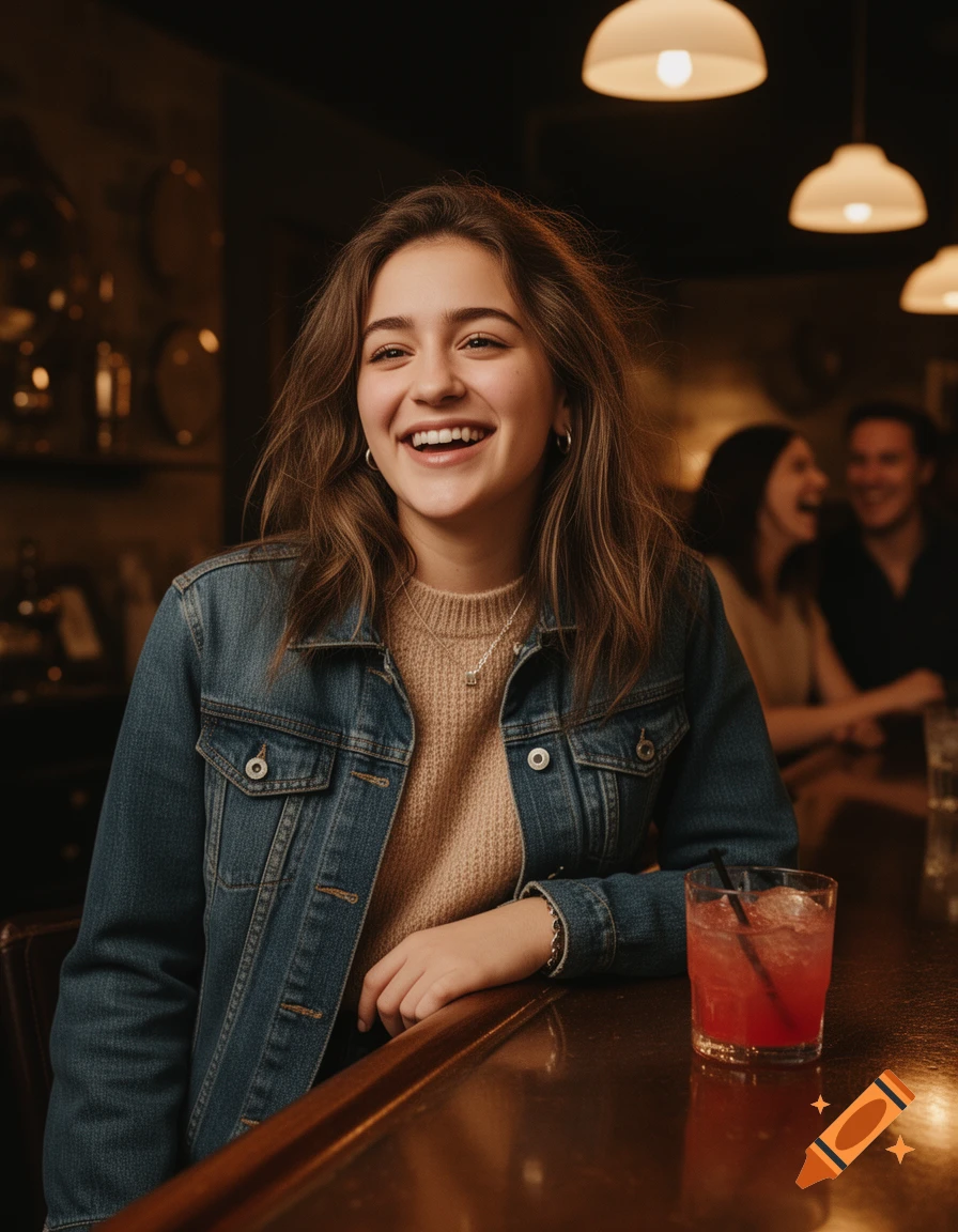 A smiling young woman in a denim jacket and sweater sits at a dimly lit bar counter, a red drink in front of her.