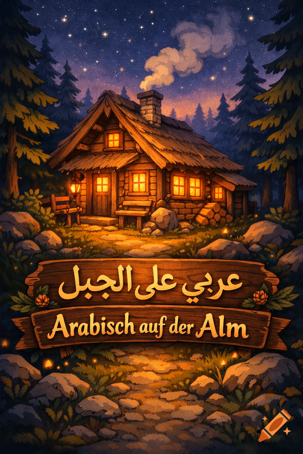 Cozy cartoon cabin in a dark, starry forest at night, with glowing windows and smoke, and a sign reading 'Arabic on the mountain'.