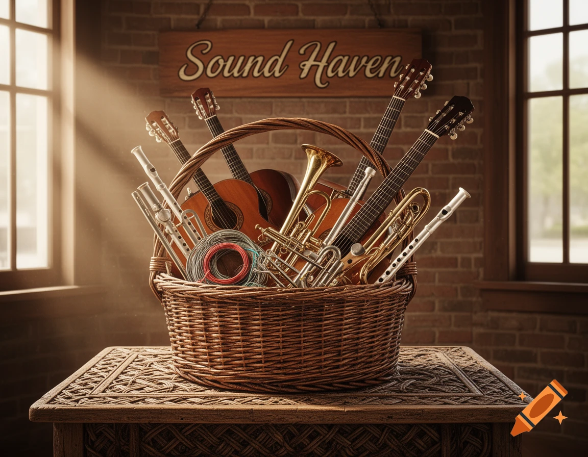 A wicker basket overflows with guitars, trumpets, and flutes on a carved wooden table, lit by sunlight, in a brick-walled room with a "Sound Haven" sign.