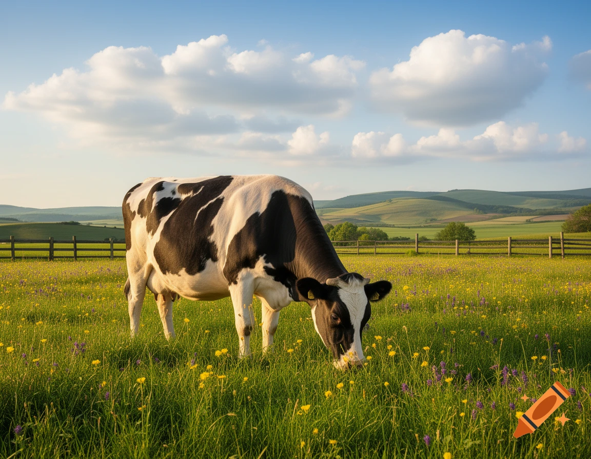 A black and white cow grazes in a lush green field filled with yellow and purple wildflowers under a blue sky with white clouds, with rolling hills in the background.