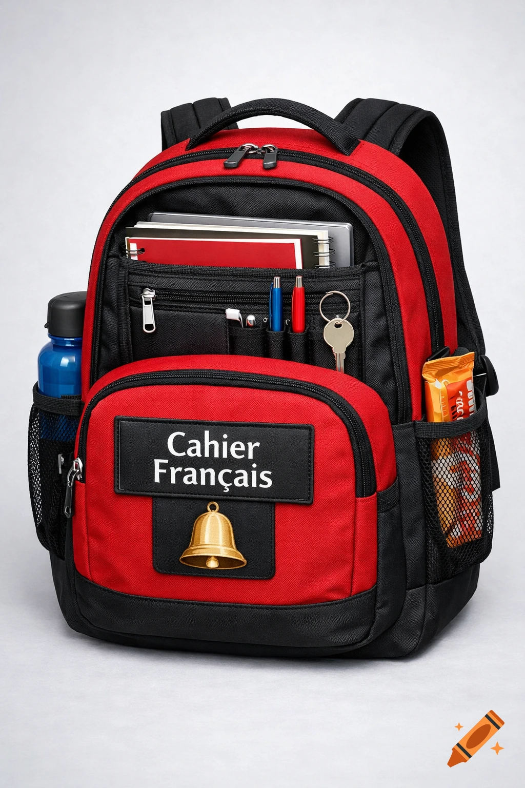 A red and black school backpack with notebooks, pens, a water bottle, keys, and a snack, featuring "Cahier Fran çais" text and a bell on the front.