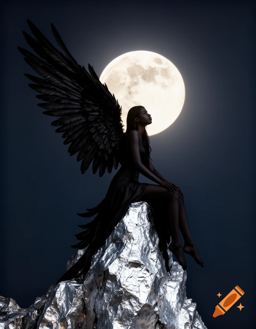 A dark-winged figure in silhouette sits on metallic rocks, gazing up at a large full moon against a dark blue sky.