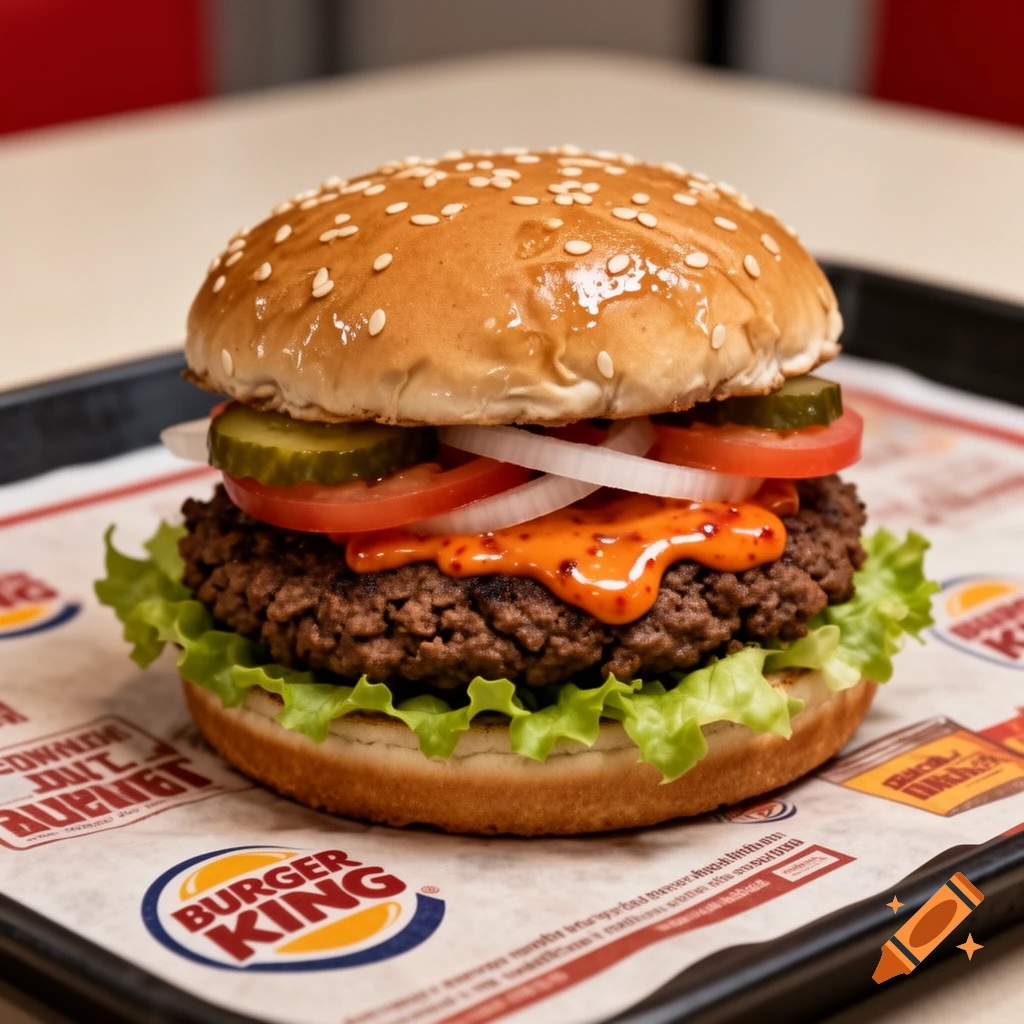 A photorealistic close-up of a Burger King Whopper with a dark patty, lettuce, tomato, onion, pickles, and chili mayo.