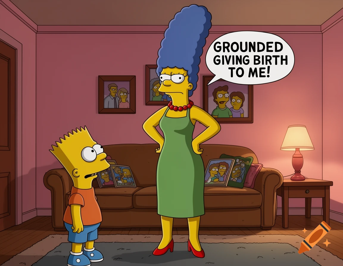 Marge Simpson in a living room with a speech bubble saying 'GROUNDED GIVING BIRTH TO ME!' while Bart Simpson stands looking confused, in the style of The Simpsons cartoon.