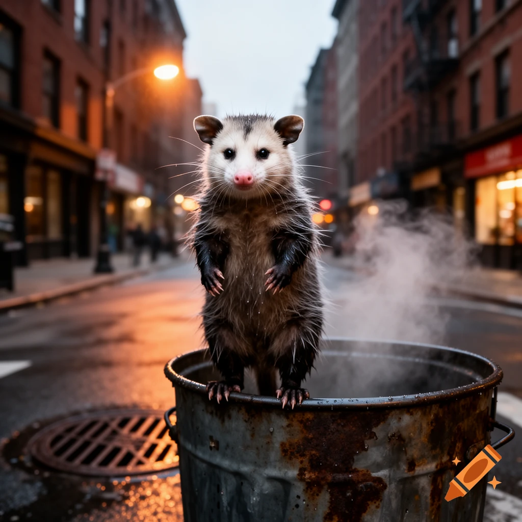 A photorealistic opossum stands upright in a rusty trash can on a wet city street, with steam rising and blurry buildings.