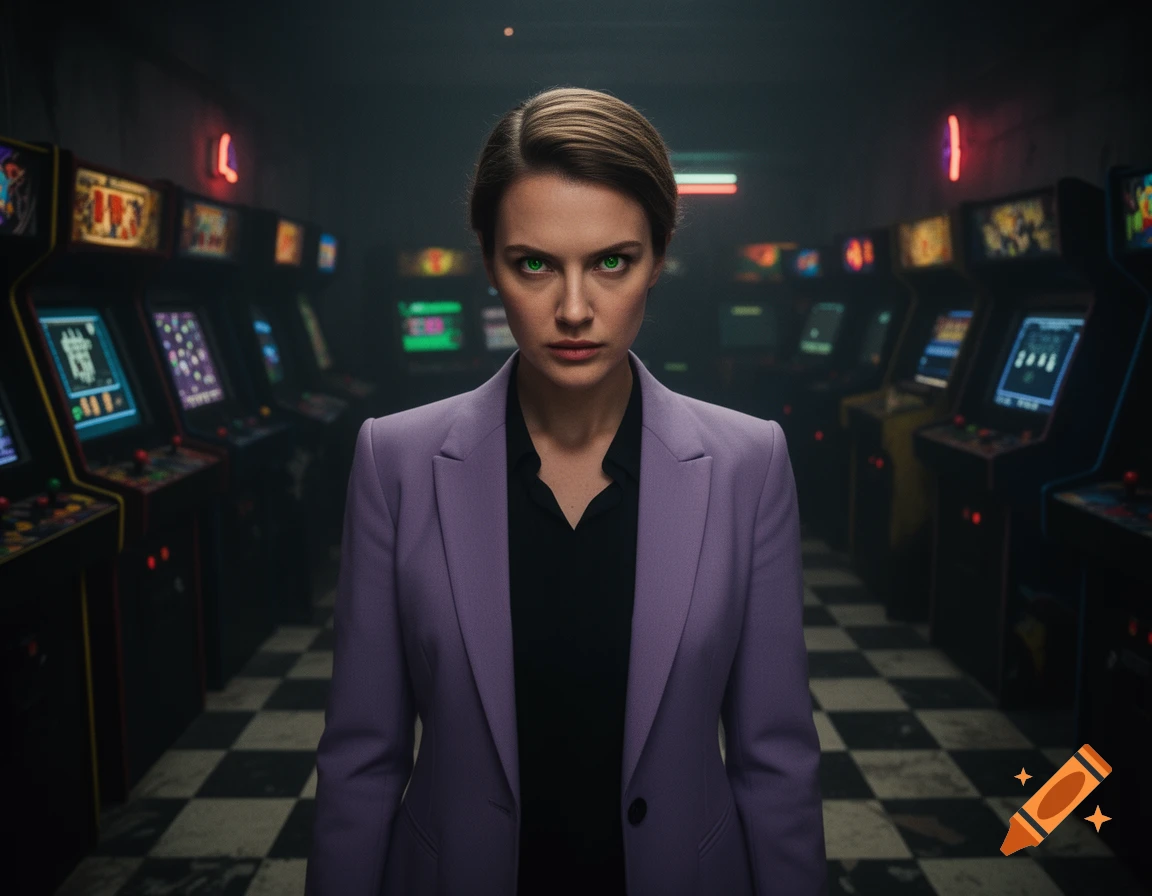A woman with glowing green eyes, wearing a purple suit and black shirt, stands menacingly in a dark, retro arcade.
