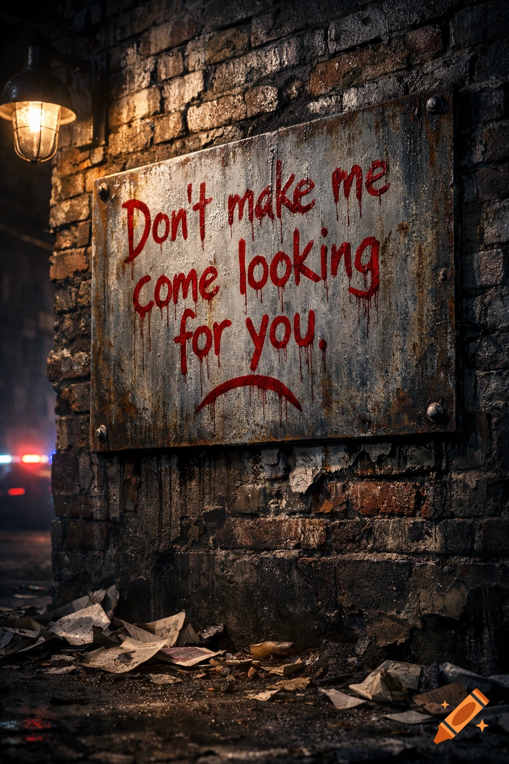 A rusty metal sign on a dark, wet brick wall in a grimy alley. The sign reads "Don't make me come looking for you." in red, dripping text, with a frowny face. An old lamp casts light from above.