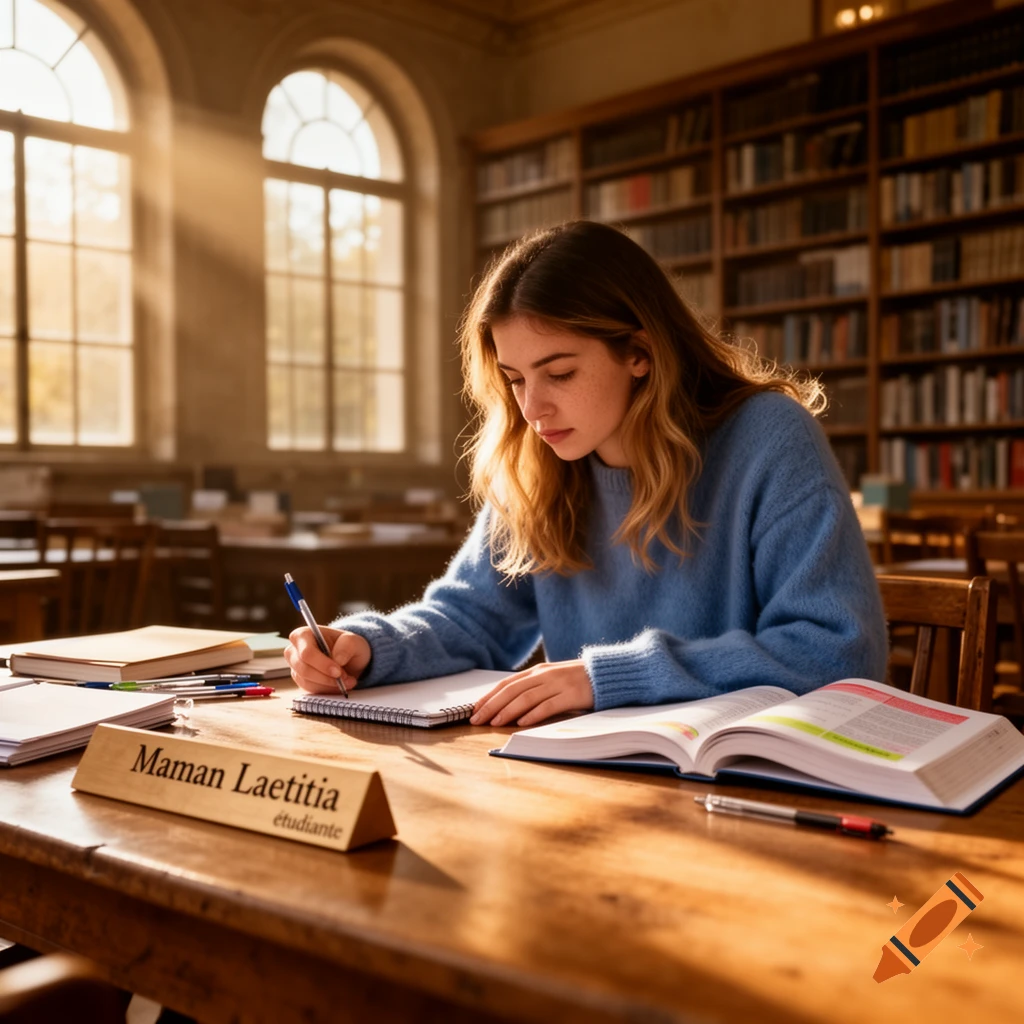 A young woman in a blue sweater writes in a notebook at a wooden table in a sunlit library, with a nameplate reading "Maman Laetitia tudiante".